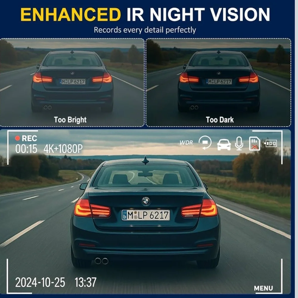 4K Dash Cam Front & Rear IPS,3 Channel Dash Cam with 5G Wifi 64 Card Included